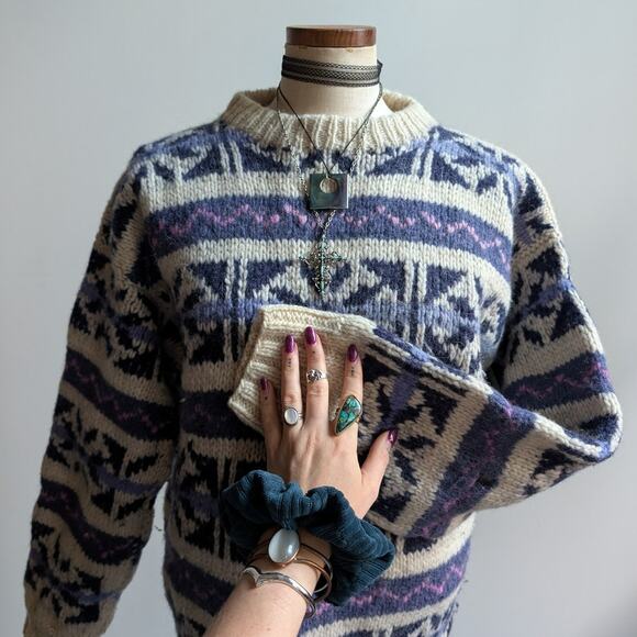 Vintage Wool Chunky Knit Fairisle Sweater Cosby Grandpa Cottagecore Top Medium - Picture 3 of 9